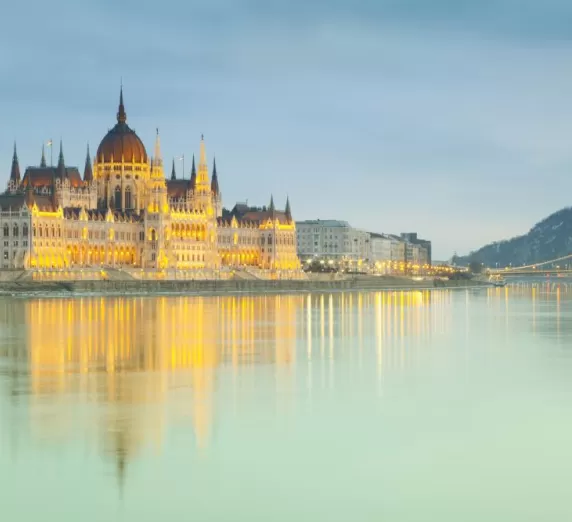Hungarian Parliament building reflecting in the Danube