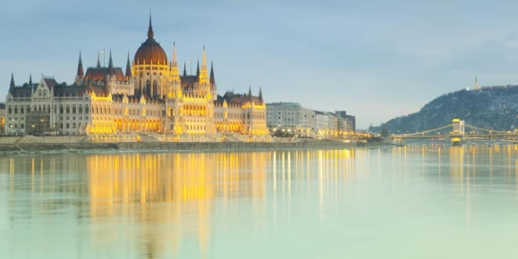 Hungarian Parliament building reflecting in the Danube