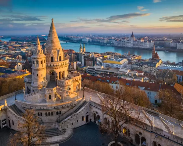 Golden sunset lights the famous Fisherman's Bastion in Budapest