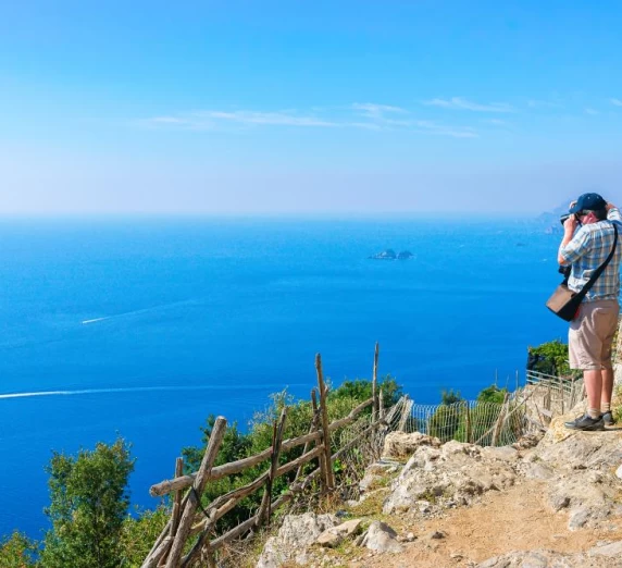 Hiking on the Amalfi coast overlooking the Tyrrhenian sea