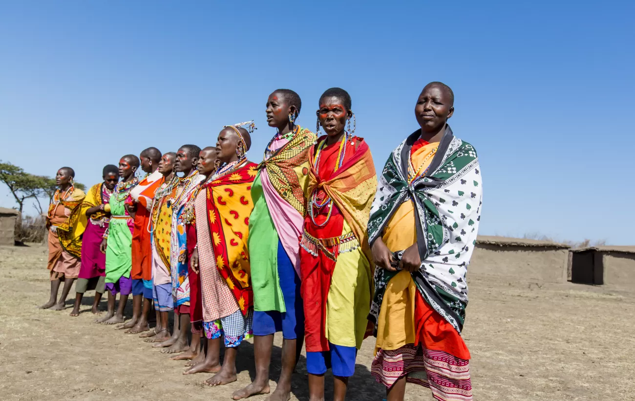 Masai tribesmen in traditional dress, Masai Mara
