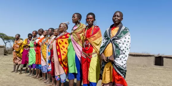Masai tribesmen in traditional dress, Masai Mara
