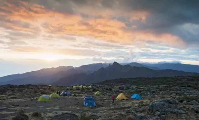 Sunset over camp along the route to summit Kilimanjaro