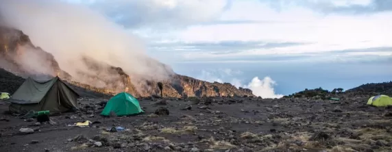 Camping along the Machame route to climb Kilimanjaro