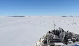 The bow of the ship parked in "fast ice" on the Weddell Sea.