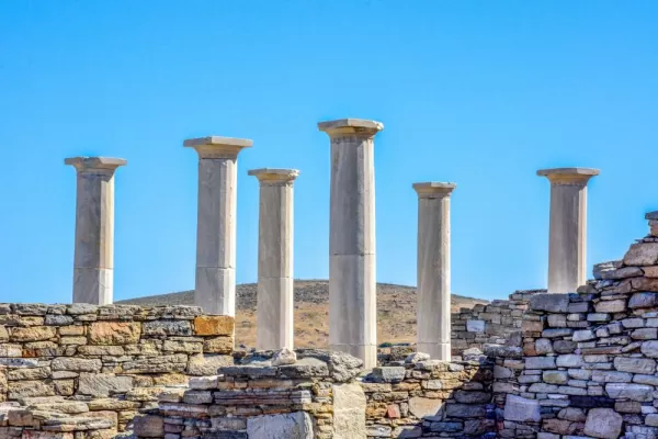 Explore ancient Greek ruins on the island of Delos