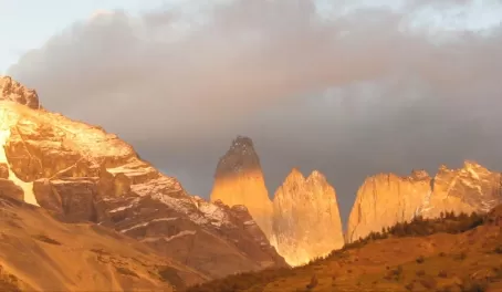 The Torres del Paine peaks finally appear from the clouds