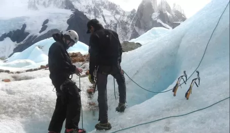 Pedro inspects as Hayes gears up, Glacier Grande