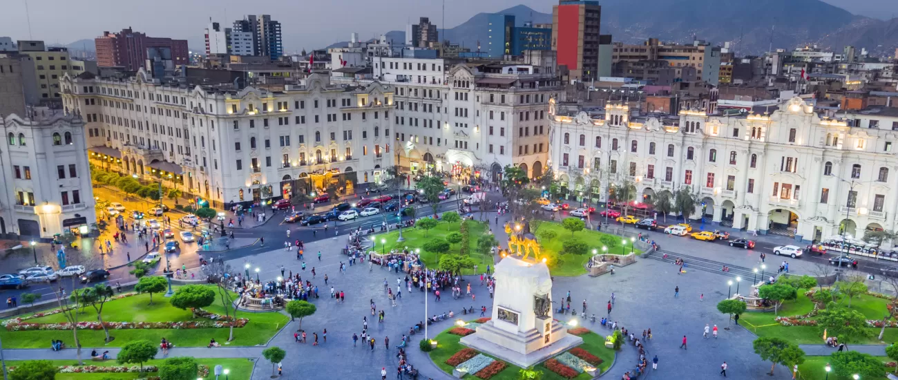 Lima's San Martin square lit up in the evening
