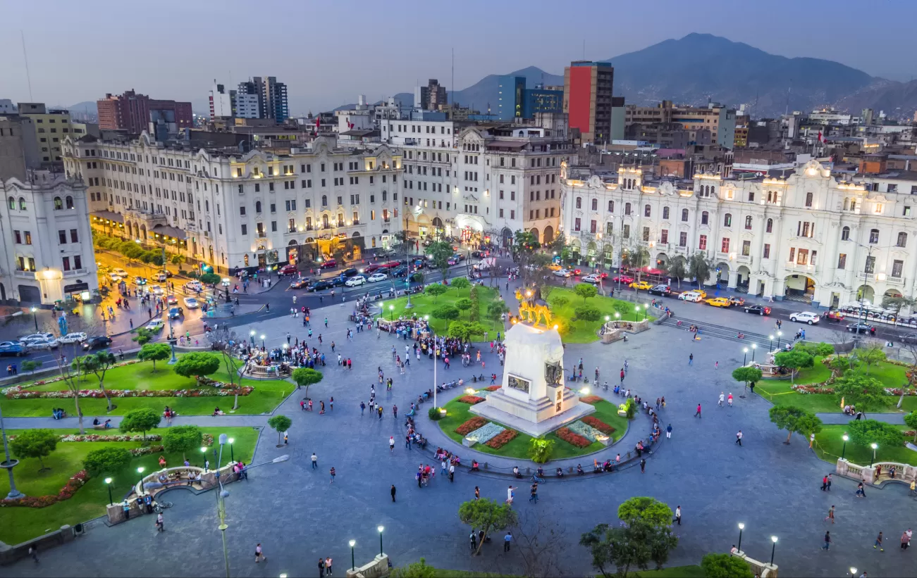 Lima's San Martin square lit up in the evening