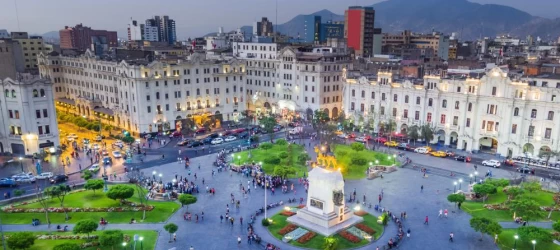 Lima's San Martin square lit up in the evening