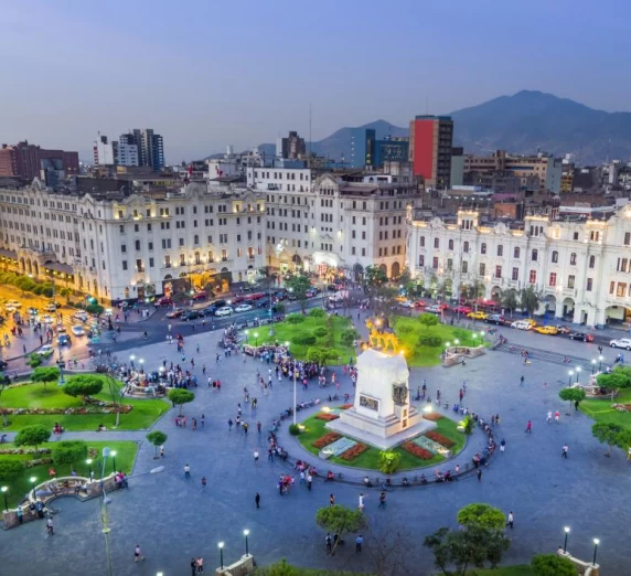 Lima's San Martin square lit up in the evening