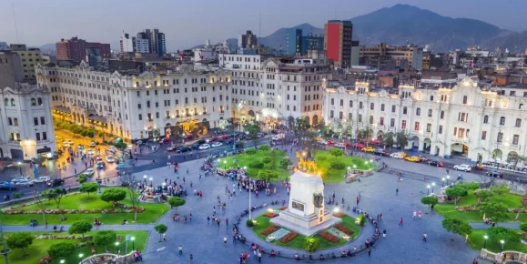 Lima's San Martin square lit up in the evening
