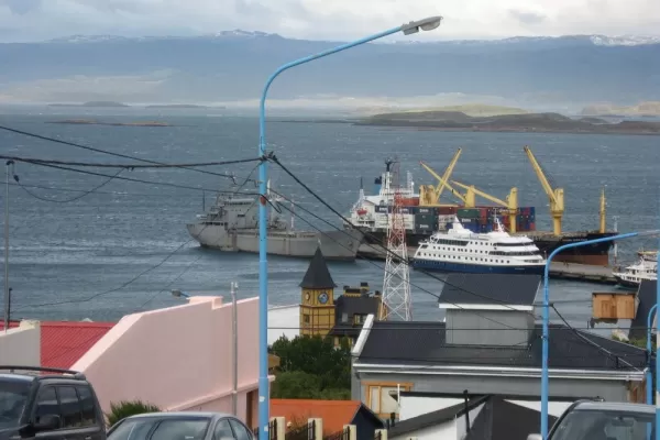 the Via Australis at dock, seen from hill in Ushuaia