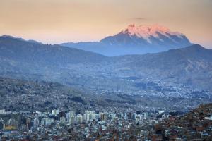 La Paz, Bolivia with Nevado Illimani in the background.  What remains of Chacaltaya glacier is 35 miles from La Paz.