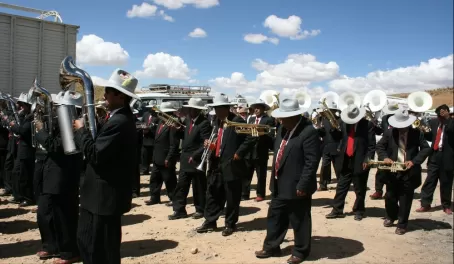 Musicians marching in a festival in Bolivia
