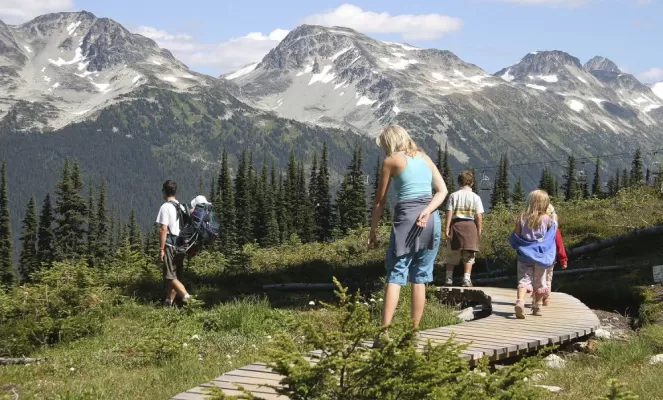 Family hiking on a tour of Alaska