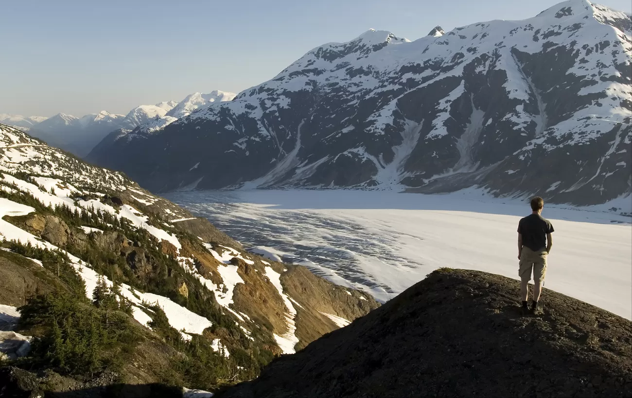Traveler on a glacier tour of Alaska.
