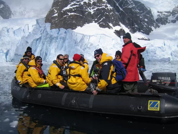 Travelers on a zodiac tour in Antarctica