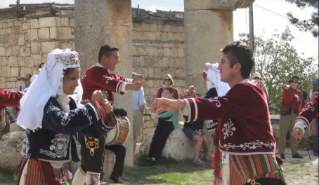 Folk dancers greeting us in small Turkish village