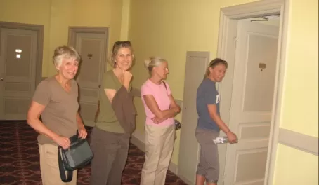 Line for ladies' restroom (a hotel room they opened for us)