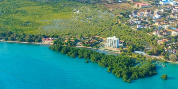 Aerial view of tropical island Zanzibar in the Indian ocean in Tanzania, East Africa