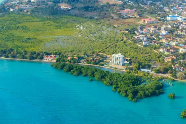 Aerial view of tropical island Zanzibar in the Indian ocean in Tanzania, East Africa