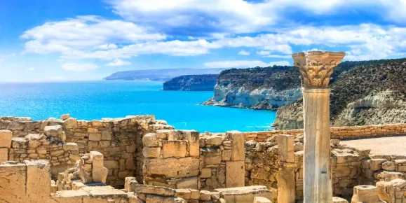 Ancient temples and turquoise sea of Cyprus island