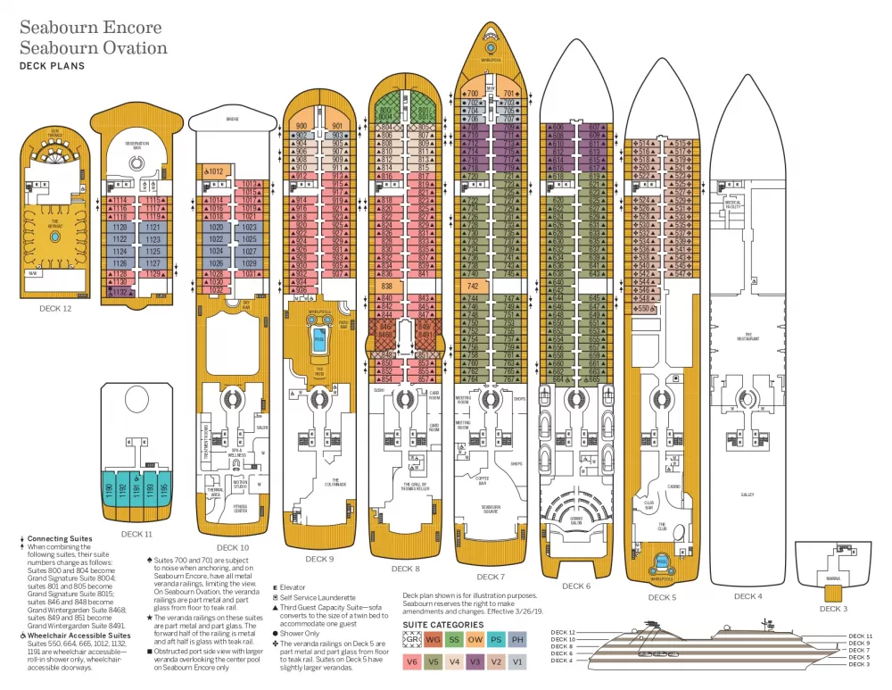 The deckplan of the Seabourn Ovation.