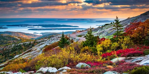An autumn view from Cadillac Mountain in Acadia National Park in Maine