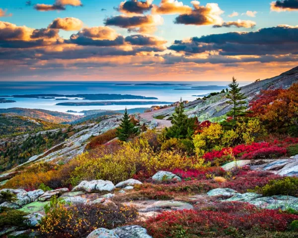 An autumn view from Cadillac Mountain in Acadia National Park in Maine