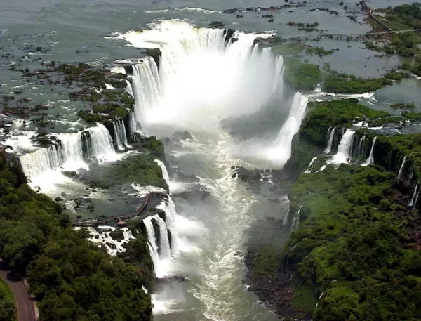 View of the Devil's Throat of Iguazu Falls from a helicopter