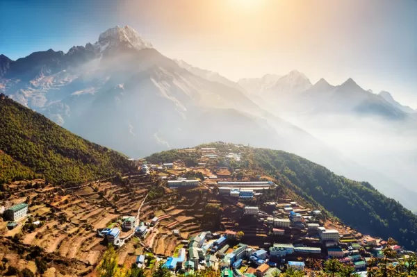 View of Namche Bazaar village in Himalayas, Nepal