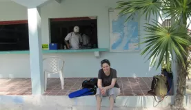Waiting to dive - Outside of the Belize Diving Services office