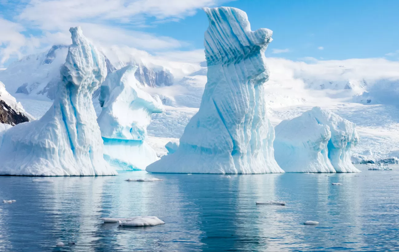 Pinnacle shaped icebergs floating in Andvord Bay near Neko Harbour, Antarctic Peninsula
