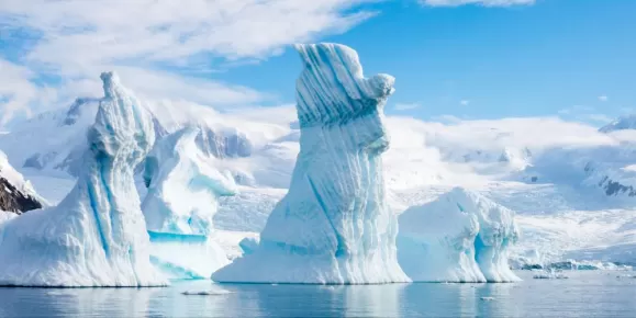 Pinnacle shaped icebergs floating in Andvord Bay near Neko Harbour, Antarctic Peninsula