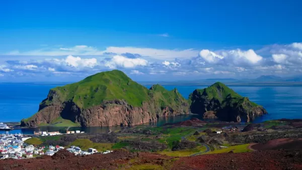 Panorama of Heimaey island and city at Vestmannaeyjar archipelago, Iceland