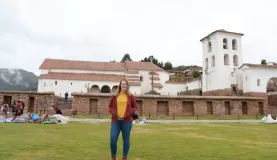 Photo in front of Iglesia Colonial church in Chinchero.