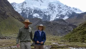 Maya and Phil stopping for a photo under the mighty apu, Salkantay as we journey to the pass.
