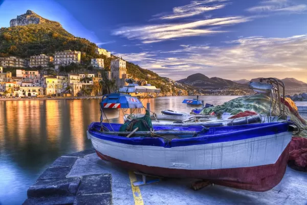 Cetara fishing village Amalfi coast watery reflections at sunrise