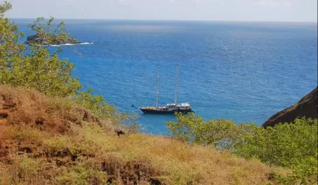 From the top of Frigatebird Hill we see our boat, the Beagle
