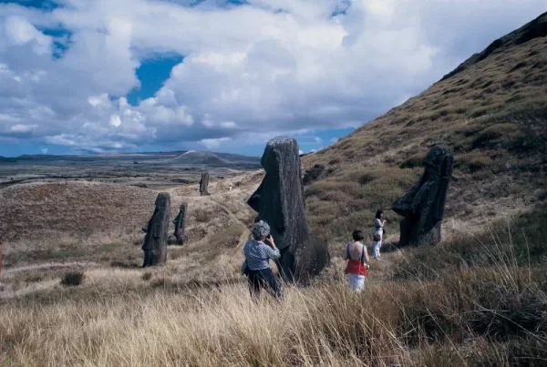 Visitors exploring the Moai statues of Easter Island