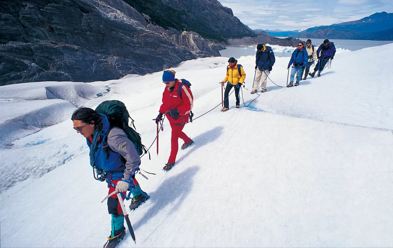 Trekking the icy landscape of a glacier in Patagonia