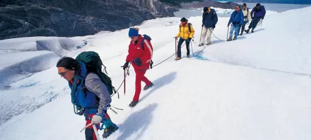 Trekking the icy landscape of a glacier in Patagonia