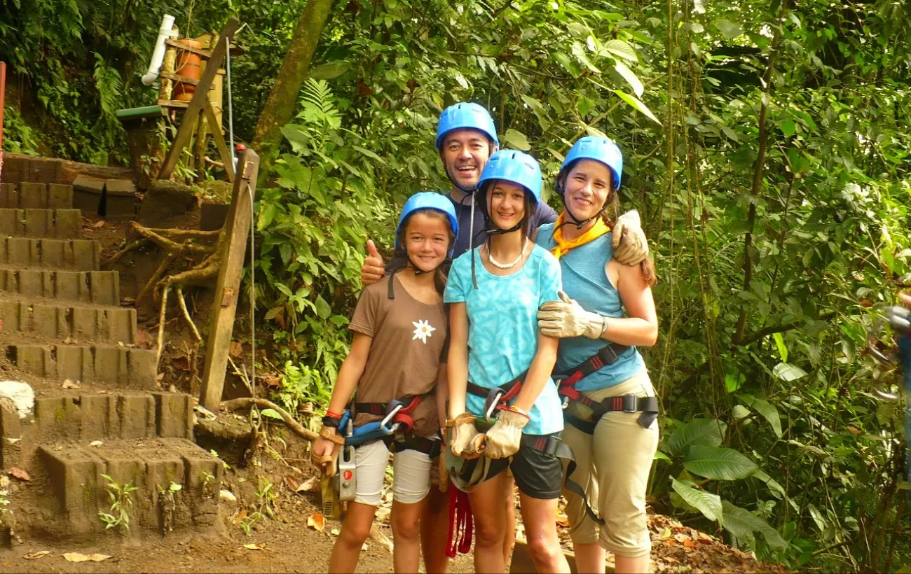 We did it! A happy family after a zip line tour in Costa Rica