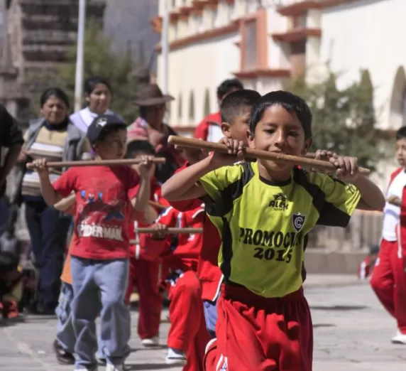 Cusco, a school for boys rehearsing a traditional dance