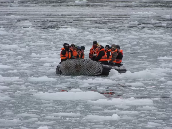 One of our Zodiacs in icy waters (Pia Glacier)