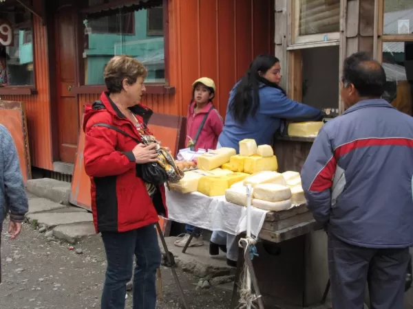 Checking out cheese at the Puerto Montt open Market