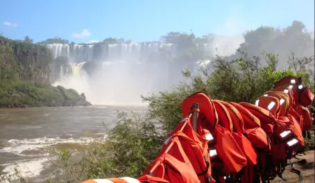 A line of safety vests over the railings of Iguazu