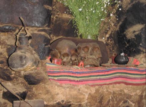 Skulls warding off evil spirits in a house in Ollantaytambo